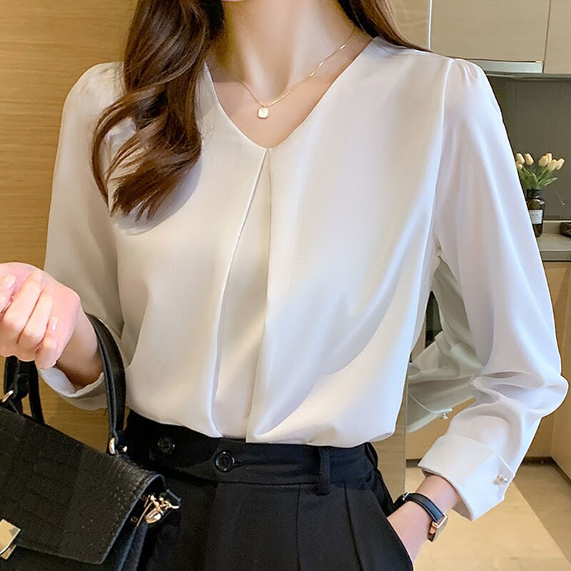 New Retro Pullover White Long Sleeve Solid Color Shirt Women's Simple Blue Tops and Blouse Women Spliced Chiffon Elegant 15