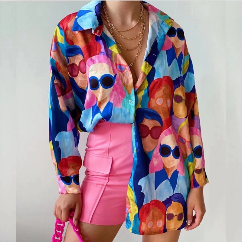 Fashion Loose Shirts Casual Long Sleeve Turn Down Collar Blouse High Street Tops Summer Printed Clothes Blusas De Mujer 26054