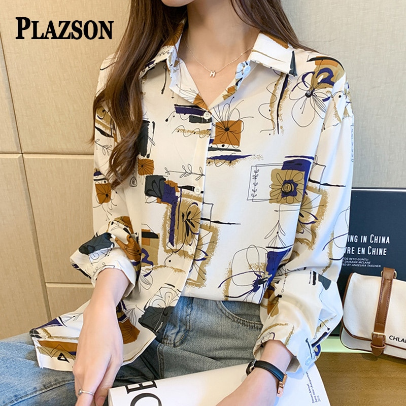 PLAZSON Harajuku Women's Long Sleeve Shirt Loose Casual Print Chiffon Blouses Fashion All-match Button-up Tops рубашка женс