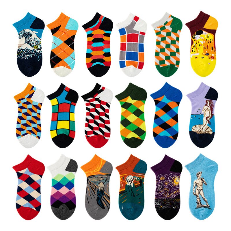 2022 spring and summer men's and women's couples geometric color socks cotton men's boat socks plaid diamond latt