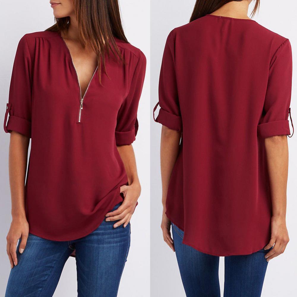 Fashion elegant luxury woman blouses 2023 summer orange V-neck plus size t-shirts zipper women long-sleeved loose chiffon shirt