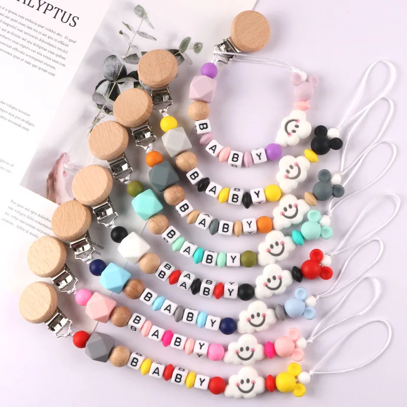 INS Baby Pacifier Clips DIY Personalized Name Cartoon Cloud Silicone Teether Dummy Nipple Holder Clip Chain Custom Teething Toys