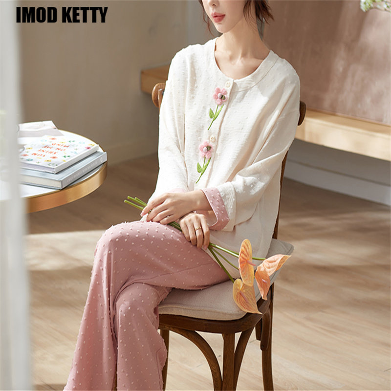 Round neck Spring Autumn Long sleeved Elegant Leisure Harajuku Korean Weaving Cotton Home Furnishing Set Women Pajamas Homewear