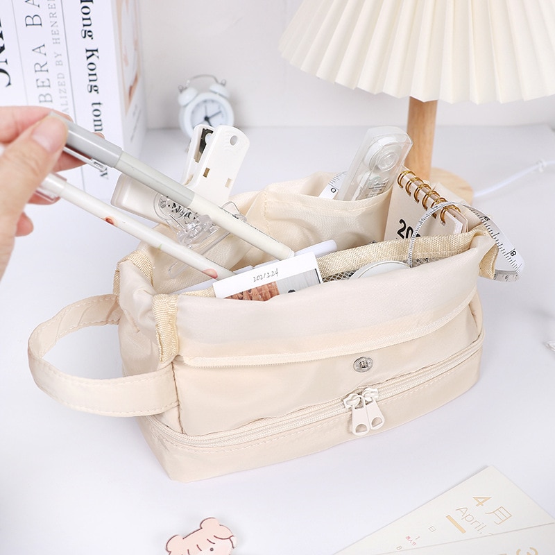 High Capacity Pencil Bag Ins Simplicity Solid Color Pencil Case Double Layer Stationery Storage Bag Lovely Student Supplies