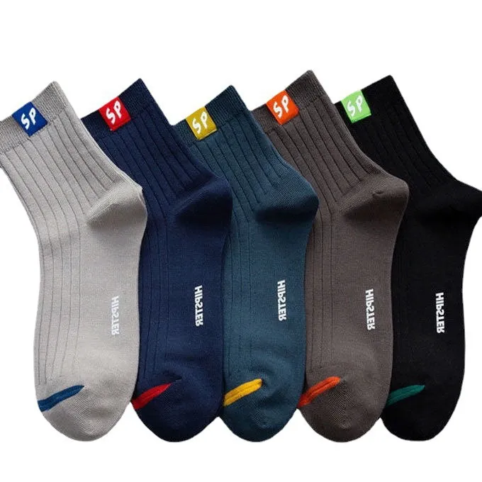 5Pairs Cotton Men's Socks Breathable Casual Sock Solid Color Striped Spring Summer Thin Sweat-absorbing Sports Tube Man Soc