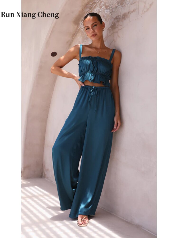 Summer 2023 New Women's Pant Sets Chic and Elegant Strap Top Wide Leg Pants Square Neck Fashion Designer 2 Piece Sets Outfi