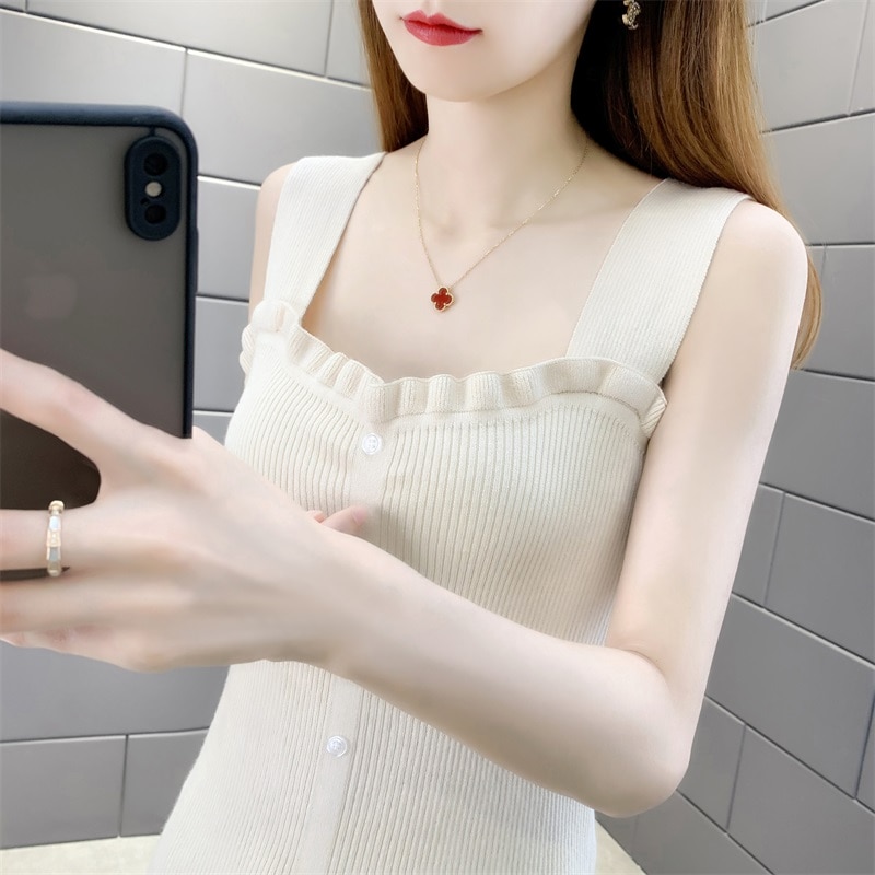 Summer new knitted halter top female short-style in the base outside wear sexy small halter