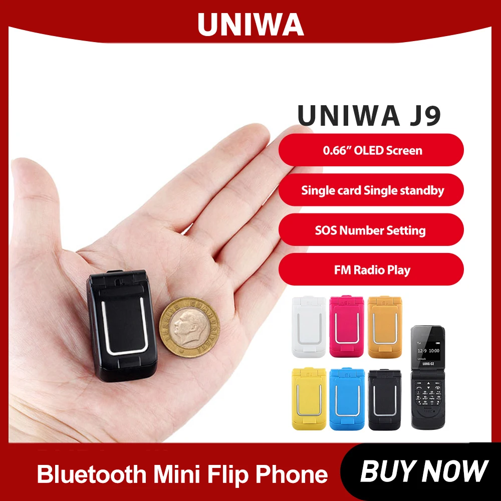 UNIWA-Mini Flip Mobile Phone with Push Button, Wireless Bluetooth Dialer, FM Magic Voice, Handsfree Earphone, Flip, J9, 2G