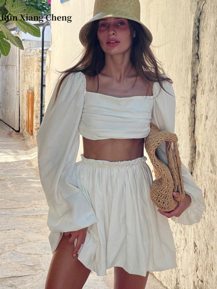 Women's Short Sets 2023 Summer New Fashion Chic and Elegant White Lace-up Sexy Backless Top High-waist Mini Skirt Two-piece