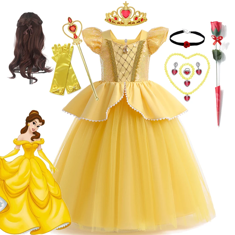 Disney Belle Princess Dress For Girls Kids Beauty And The Beast Cosplay Costume Halloween Birthday Party Ball Gown Clothing
