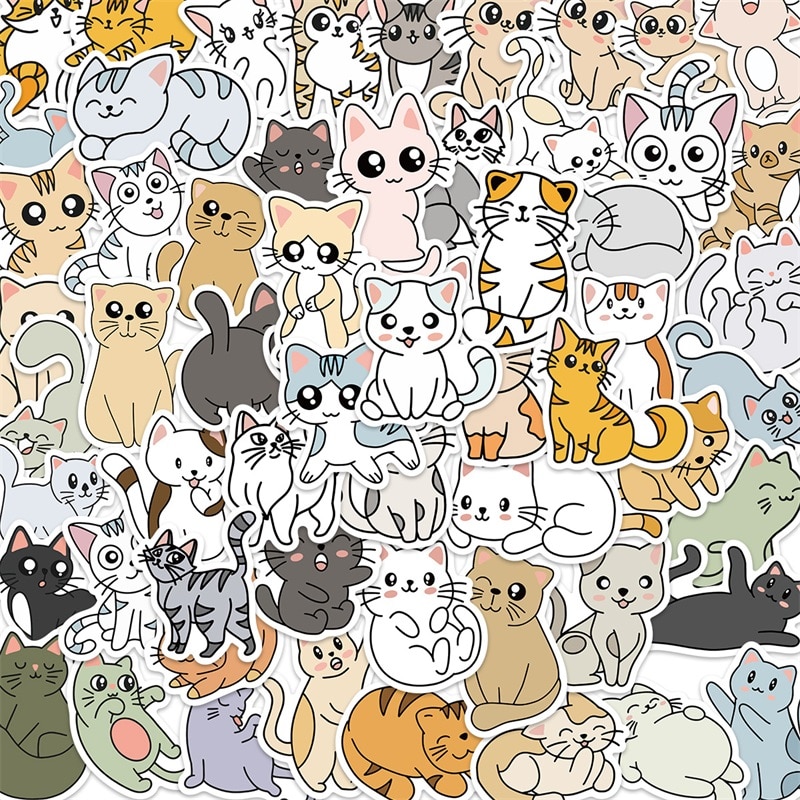 10/30/60PCS Cute Cat Hand Painting Sticker Aesthetic PVC Children's Korean Stationery Decoration Scrapbooking School Suppli