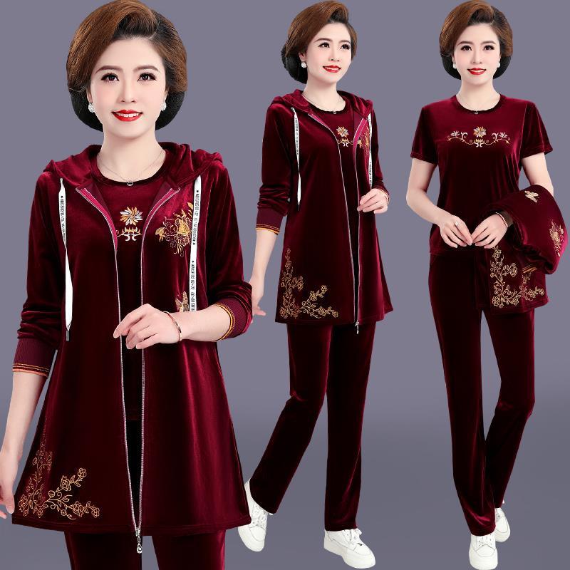 Autumn 2022 Golden Velvet Coat Embroidery Medium Length Women's Mature Three Piece Loose Mom Sports Female Set