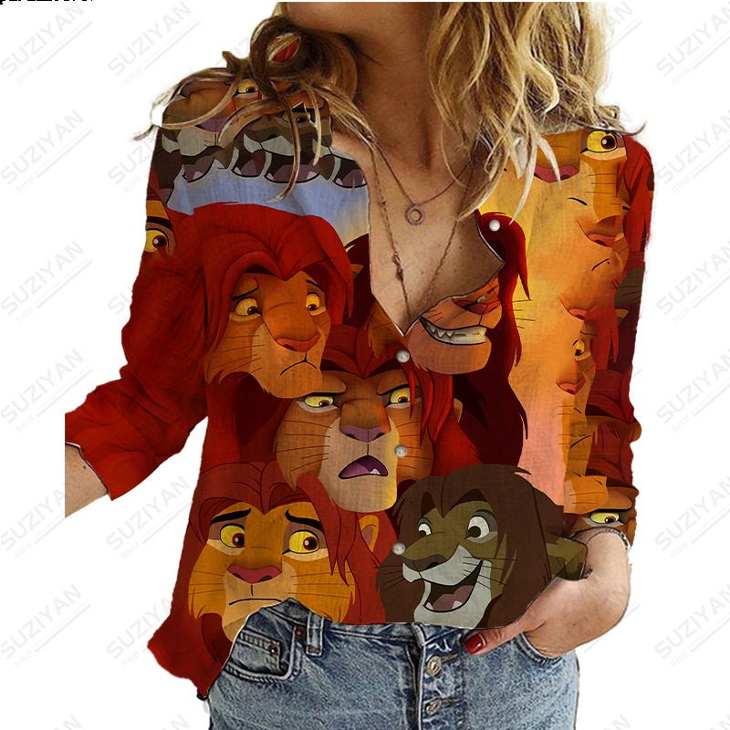 2023 Spring Autumn New Women's Long Sleeve Disney Lion King Simba 3D Printed Polo Neck Button Long Sleeve Commuter Cardigan