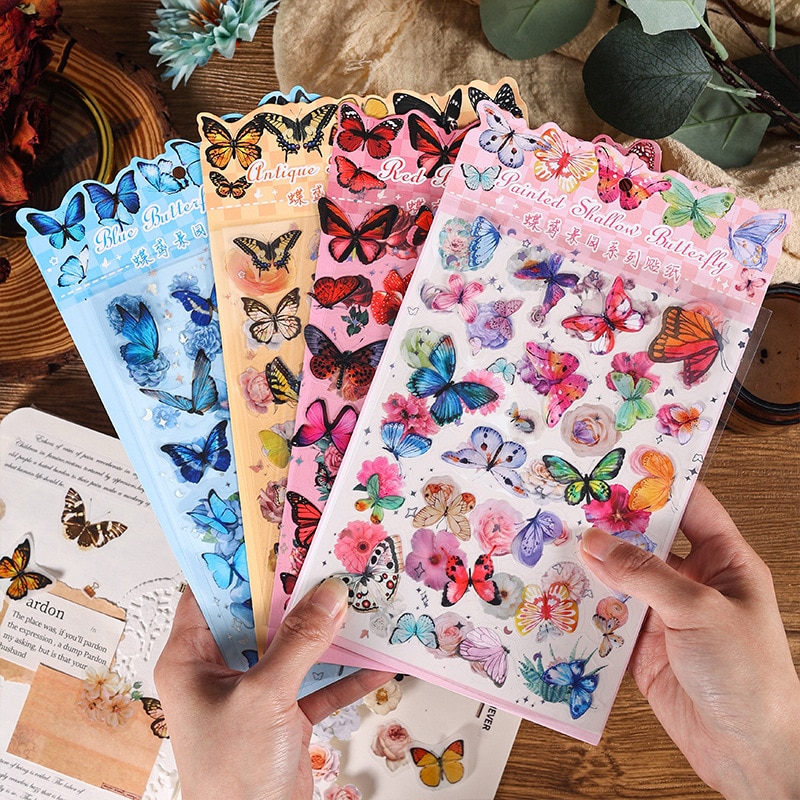 MOHAMM 2 Sheets PVC Waterproof Butterfly Flower Decorative Sticker for Scrapbooking DIY Art Crafts Journaling Collage