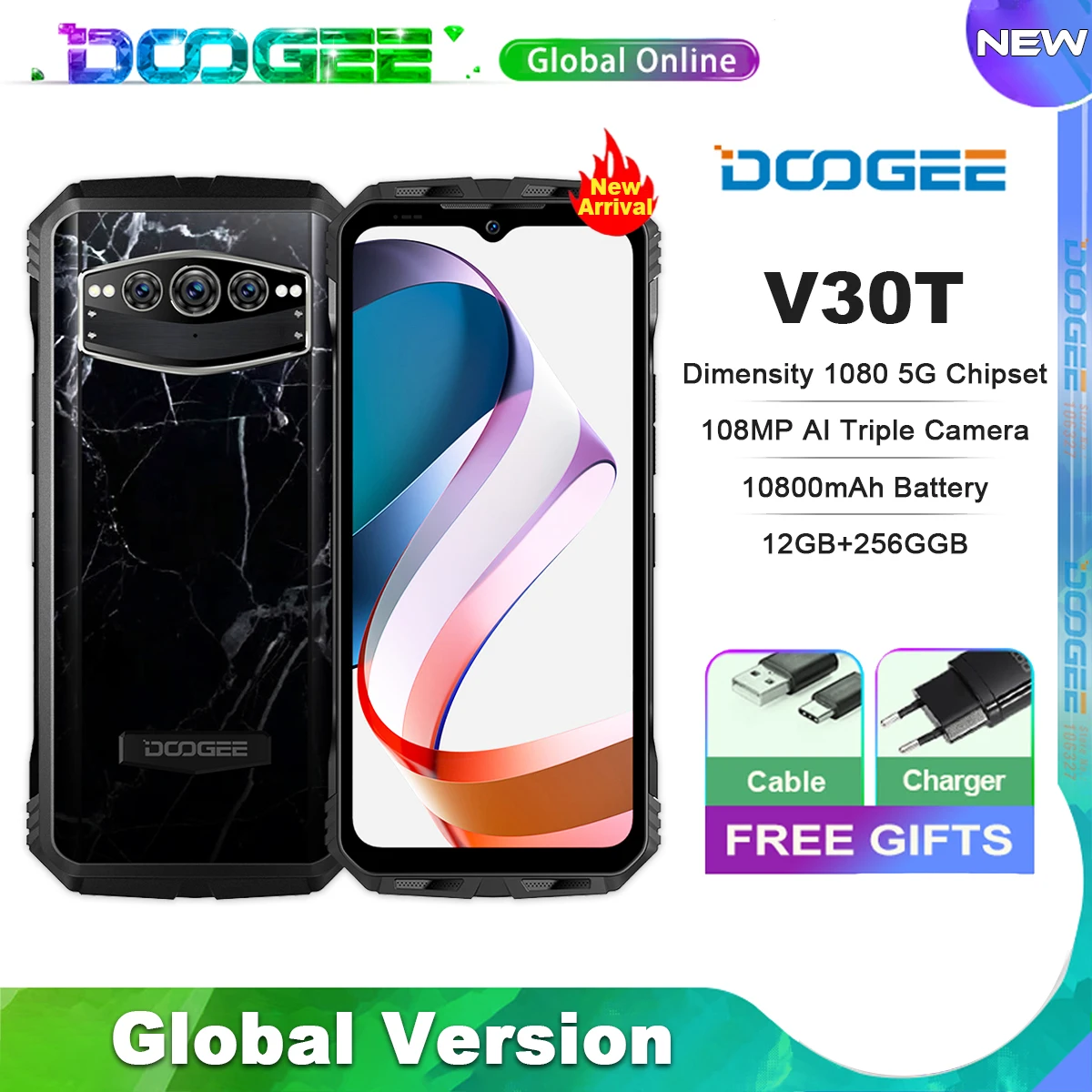 DOOGEE V30T 5G Rugged Phone 6.58" FHD 120Hz Display Dimensity 1080 6nm 12GB+256GB 108MP Camera 10800mAh NFC WIFI 6 Phone