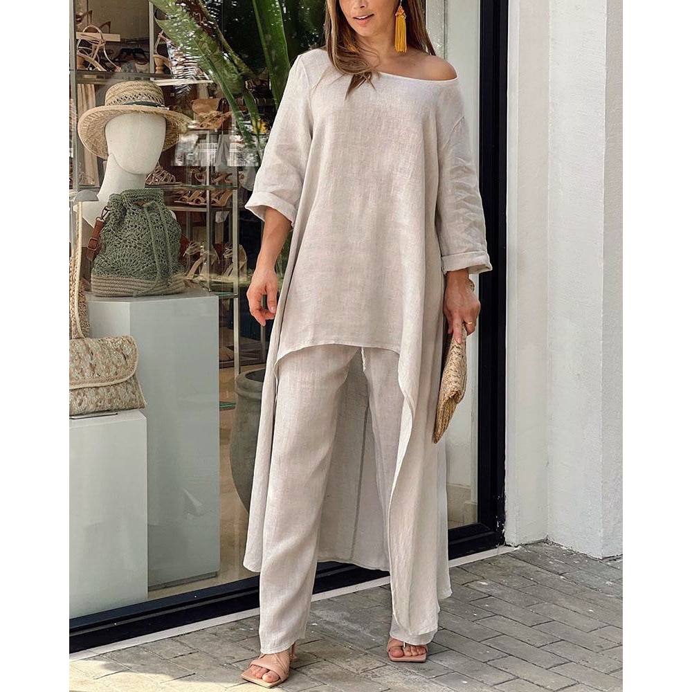 2023 Spring Summer New Fashion Loose Leisure Oversize Suit Irregular Long Sleeve Solid Color Two Piece Set Women Streetwear