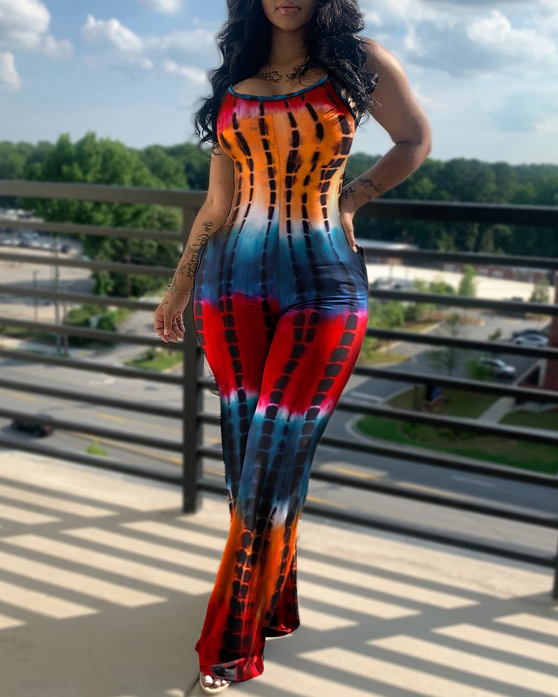 Tie Dye Print U Neck Sleeveless Pocket Design Jumpsuit Women Spring Summer High Waist Full Length Overall Pants Jumpsuits