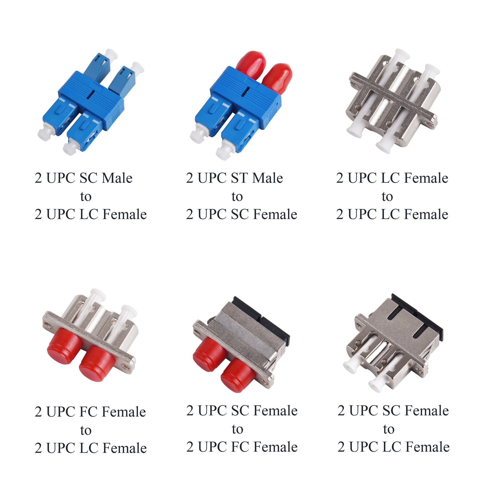 1Pcs Fiber Optic Dual Core Adapter UPC 2 FC/LC/SC Male/Female to 2 LC/SC/ST Female Single-mode Converter 2-Core Hybrid Connector