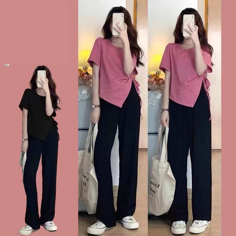Womens Sets Summer Fashion Leisure Solid Color Loose Round Neck Short T-Shirt Pants Loose Sports Casual Two Piece Sets A577