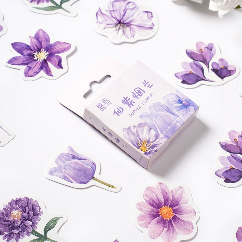 10/25/46PCS Kawaii Purple Flower Sticky Sticker Aesthetic Children's Decoration Korean Scrapbooking Stationery School Suppl