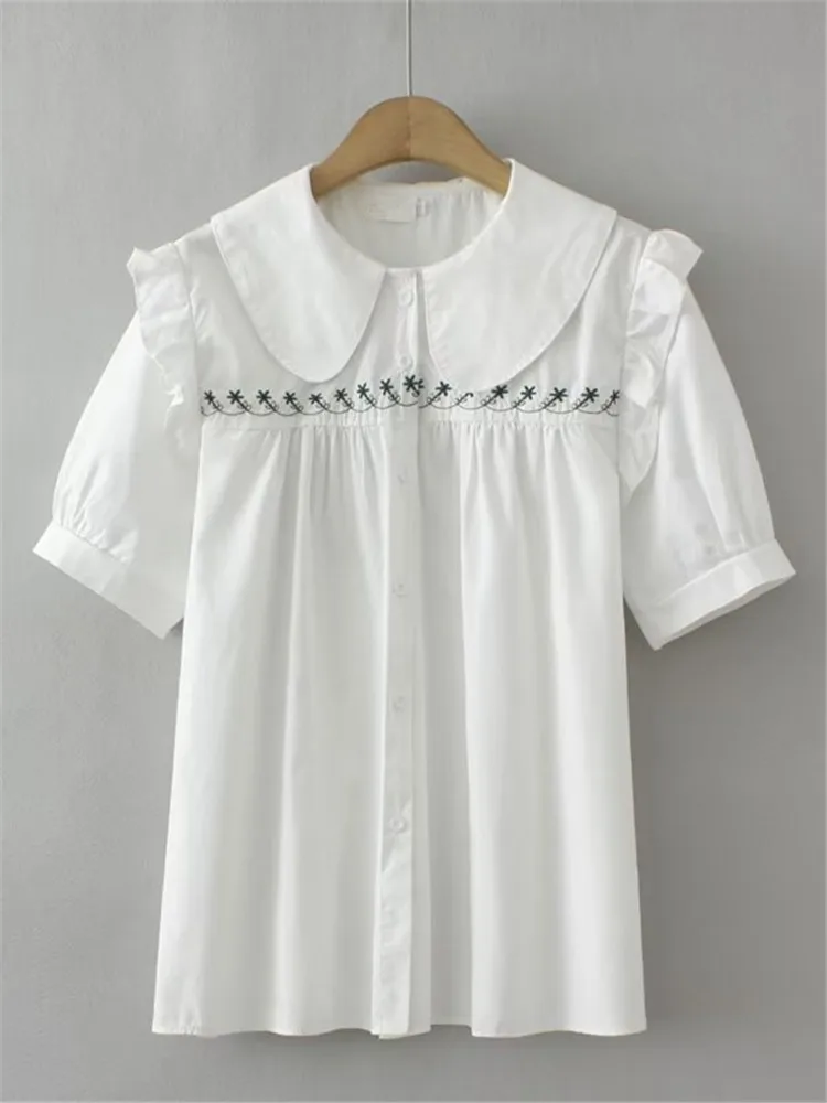Plus Size Women's Shirt Shirt Doll Collar Solid Colour Short Sleeve Non-Stretch Top With Embroidered Floral Pattern On The 
