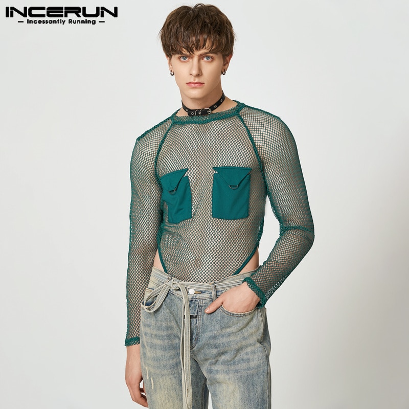 Casual Homewear Bodysuits INCERUN New Men's See-through Mesh Pocket Design Rompers Sexy Fashion Style Hollow Triangle Jumps