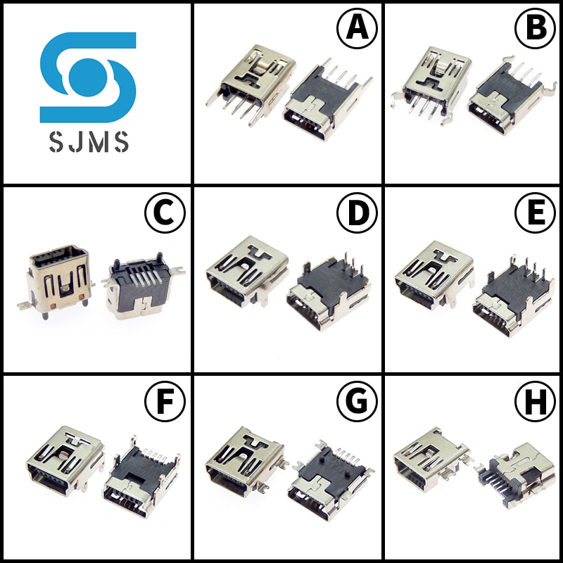10 pcs Mini USB female SMT dip 5Pin 8 Type Flat Edge Connectors Port Jack Tail Mini B Socket Plug Terminals For Tail Charging