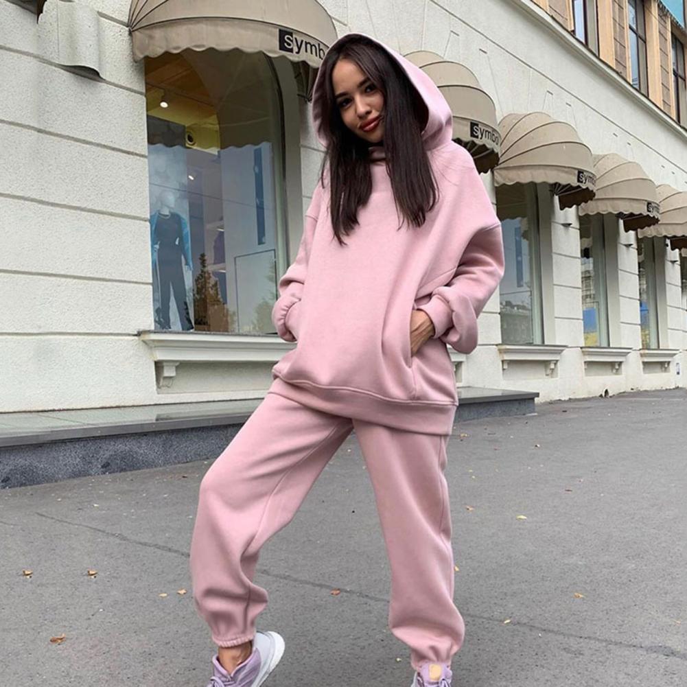 2 Pcs/Set Stylish Women Autumn Tracksuit Pocket Lady Hoodie Pants Set Loose Keep Warm Deep Crotch Women Autumn Tracksuit