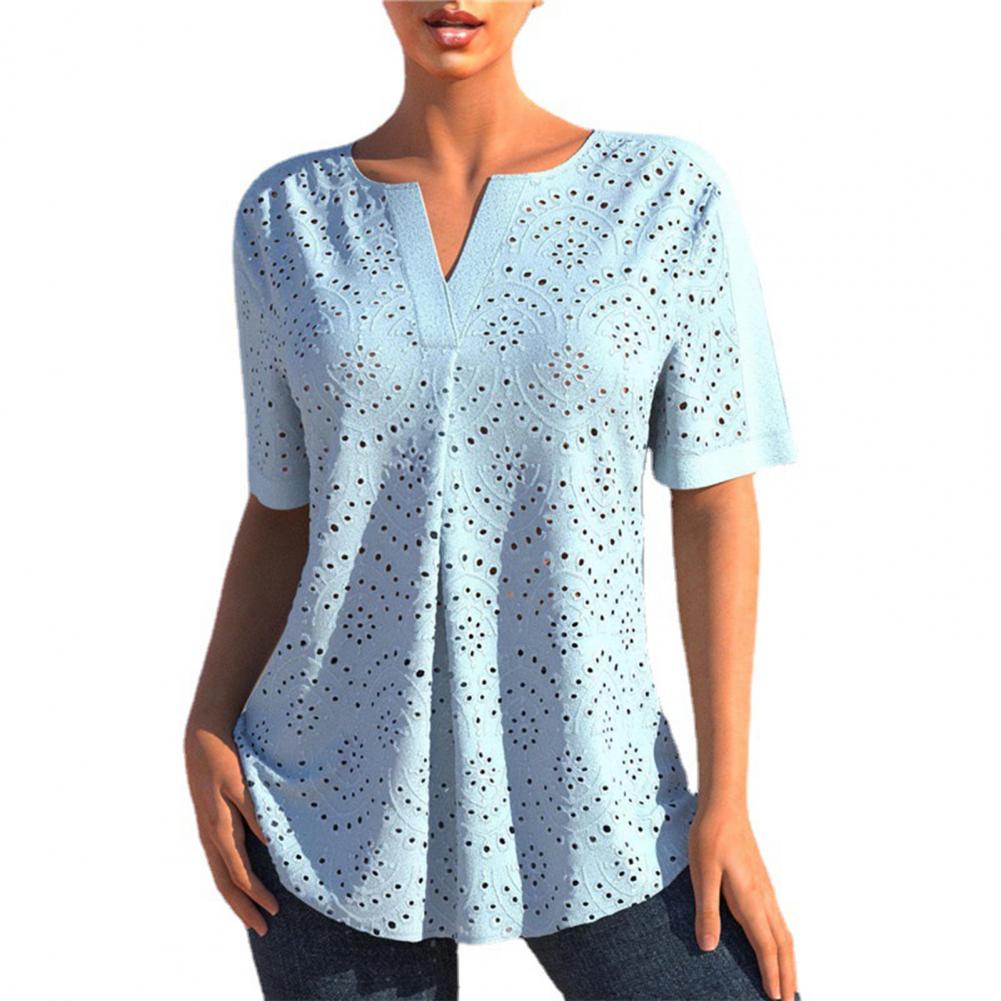 Popular Women Blouse Embroidery Solid Color Pullover Top V Neck Lady T-shirt