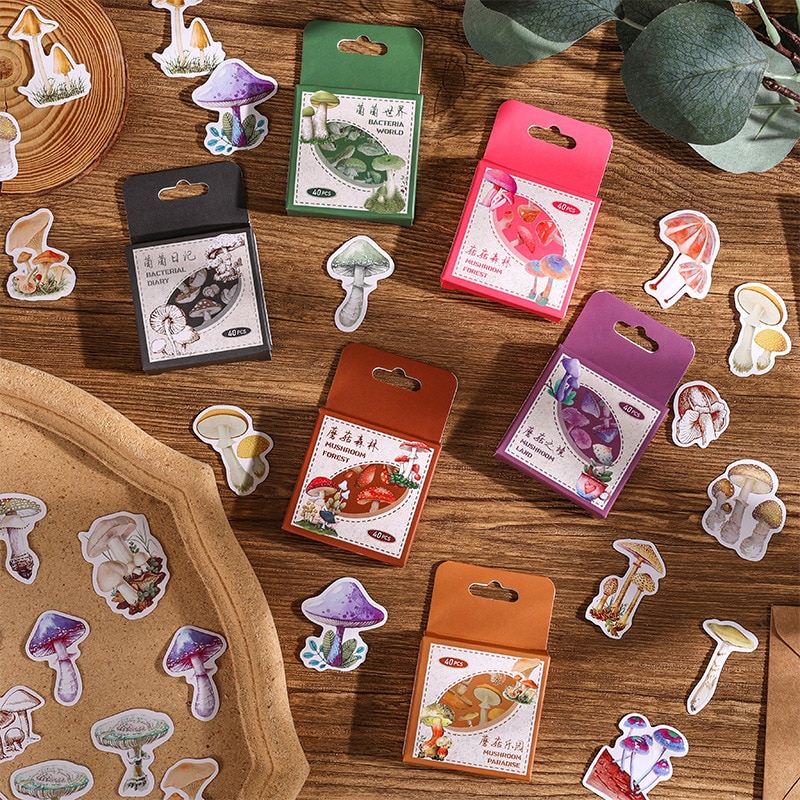 MOHAMM 40pcs Retro Stickers Mushroom Forest Box Creative Material Paper for Journaling Stationery Set