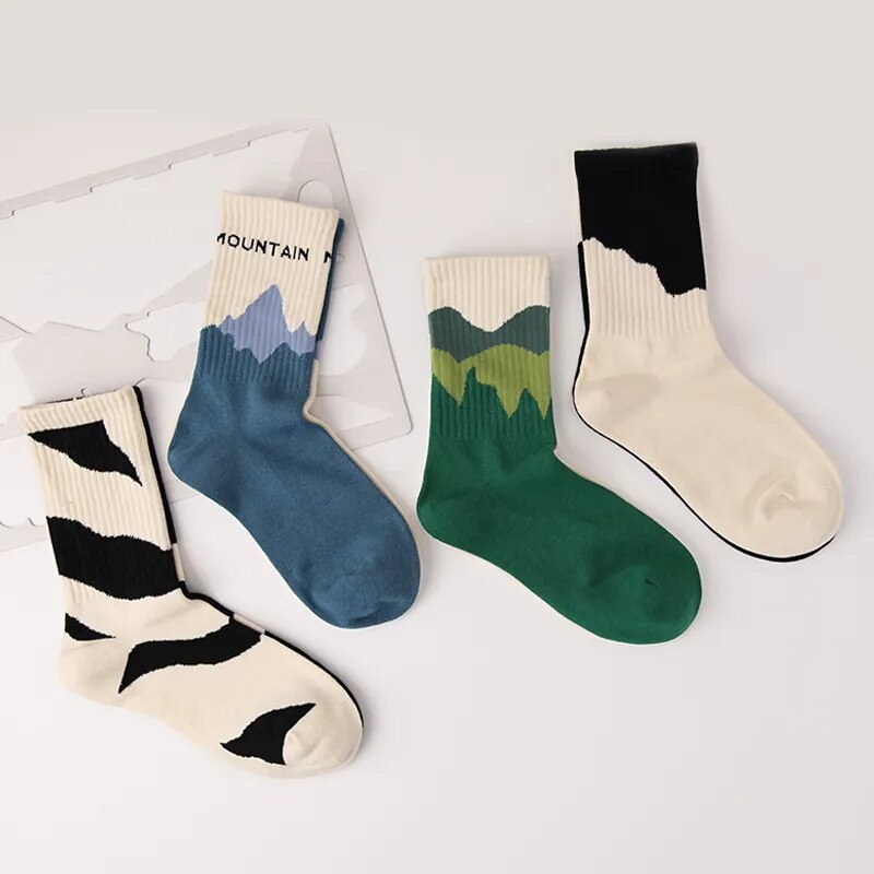 Unisex Women's Snow Mountain Ink Painting Socks Spring/summer Color Matching Striped Cotton Socks Personalized Fashion Desi