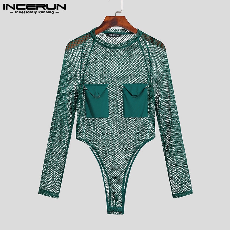2023 Men Bodysuits Mesh Patchwork Transparent O-neck Long Sleeve Sexy Rompers Streetwear Pockets Fashion Bodysuit S-5XL INCERUN
