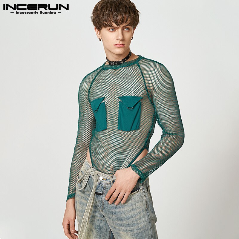 2023 Men Bodysuits Mesh Patchwork Transparent O-neck Long Sleeve Fashion Male Rompers Streetwear Pockets Sexy Bodysuit INCERUN