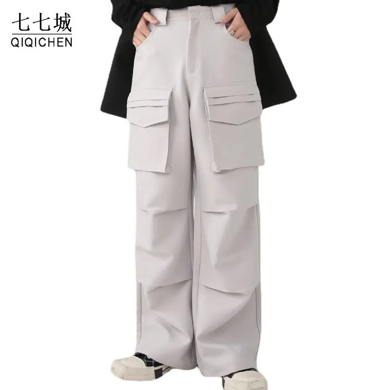 Vintage Cargo Pants Men Solid Color Large Pocket Straight Wide Leg Casual Pants High Street Oversized Trousers Male Streetwear