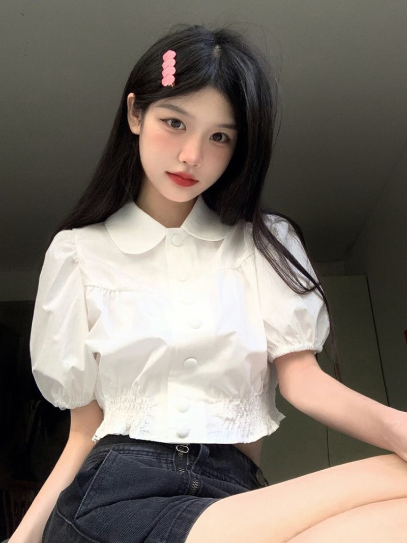Sweet Ruffles Shirts White Summer Turn Down Collar Camisas Short Button Y2k Slim Waist Chemise Femme Women Half Sleeve Blouse