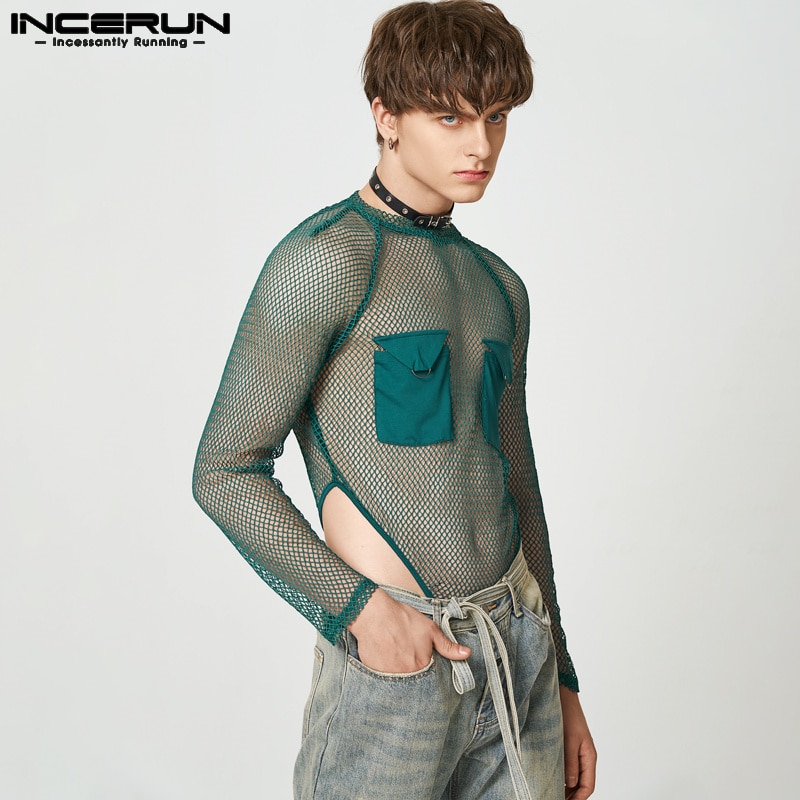 INCERUN Men Bodysuits Mesh Patchwork O-neck Long Sleeve Pockets Transparent Sexy Rompers Streetwear 2023 Fashion Bodysuit S-5XL