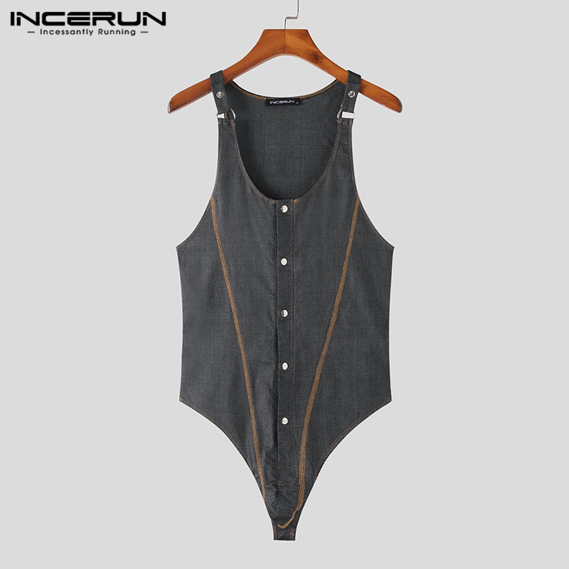 INCERUN Fashion Men Bodysuits 2023 O-neck Sleeveless Button Up Men Rompers Pajamas Fitness Solid Color Sexy Cozy Bodysuits S-5XL