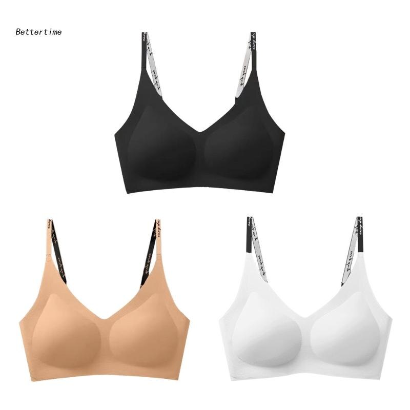 B36D Womens Low Back Bras Wireless Sexy V-Neck U-Shaped Backless Bralette with Fashion Letter Strap and Removable Padding