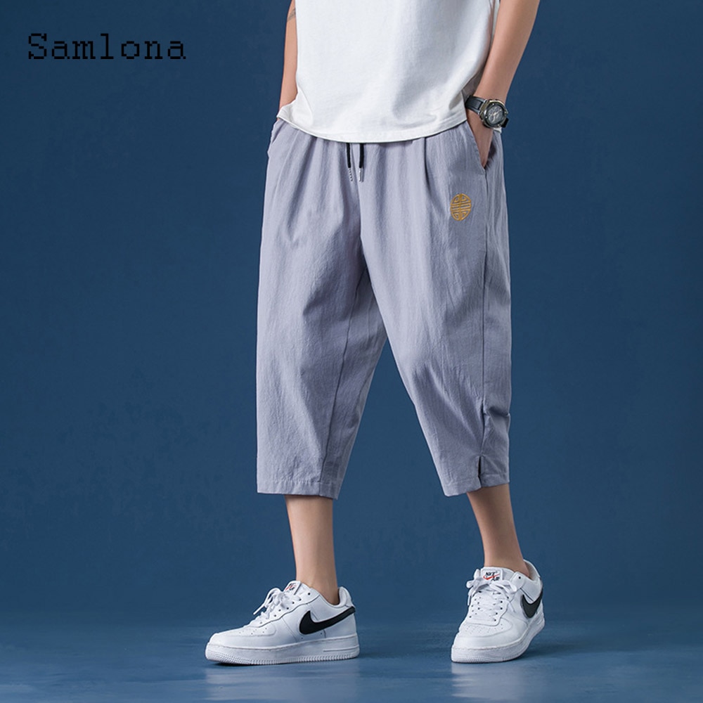 2023 Men's Stand Pocket Casual Linen Pants Solid Calf-Length Trouser Plus Size Mens Harajuku Fashion Sweatpants Men Streetw