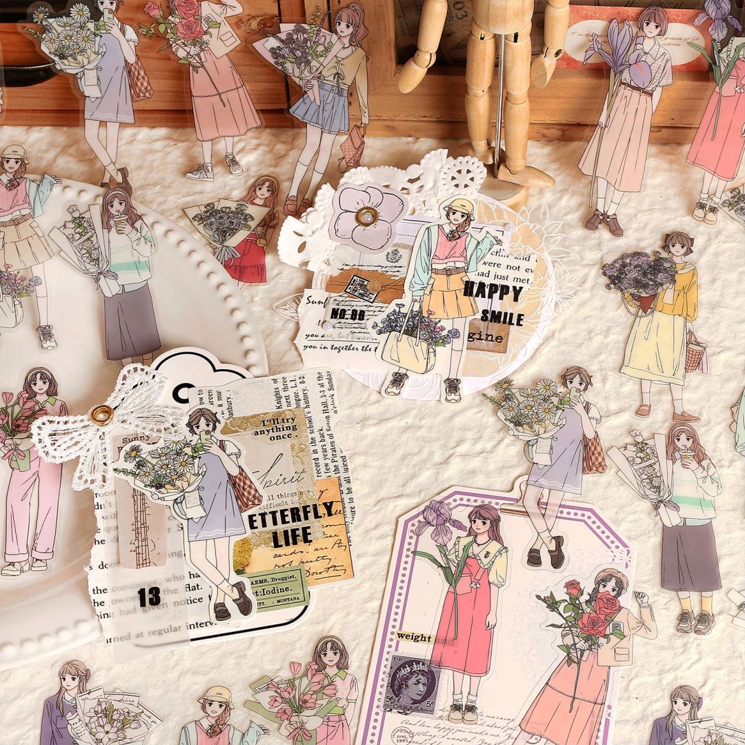 MOHAMM 30pcs Girls Travel Wear PET Waterproof Stickers Korean Cute Character Handbook Material