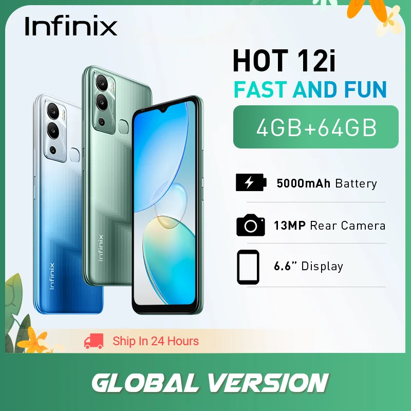 Global Version Infinix Hot 12i Cell Phone 5000 mAh Battery 13MP Camera 6.6" Display 4GB RAM 64GB Storage Fingerprint Smartp