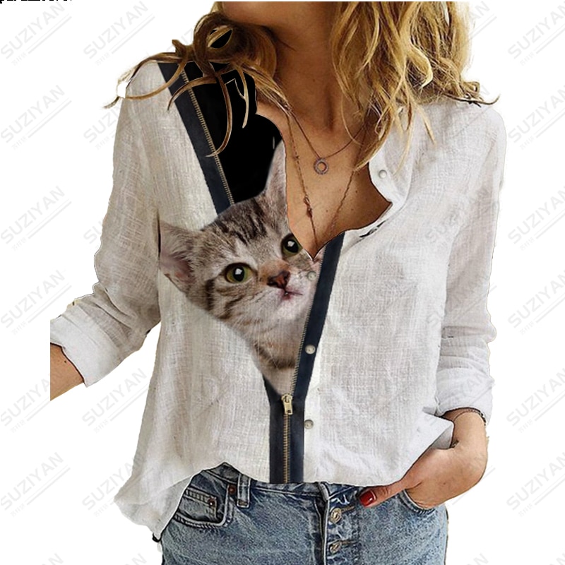 2023 Women's Spring/Summer New Long Sleeve Shirt Cute Cat 3D Print Hot Selling Women's Polo Button Casual Commuter Sty