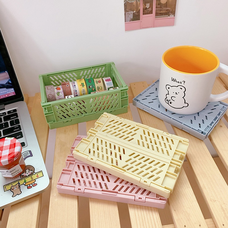 Plastic Portable Cosmetic Storage Basket Collapsible Holder Sundries Organizer Boxes Stationery Storage Foldable Storage Box