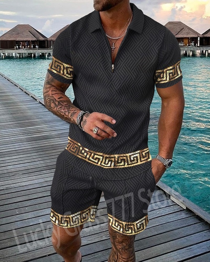 Men's Polo Shirts Shorts 2 Piece Sets Luxury Brand Casual Suit Zipper Lapel T-shirt Short Sleeve Tracksuit Male Jogger Outf