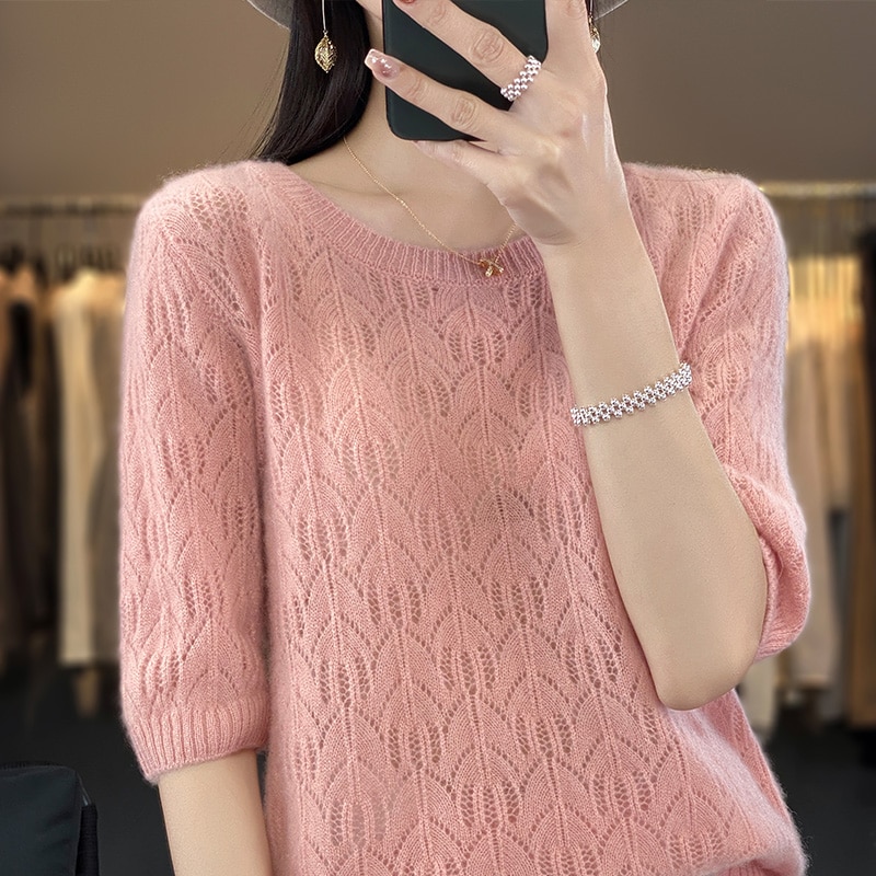 Women's Clothing T-shirt Summer New Knitted Hollow Short Sleeve 100% Merino Wool Pullover Tank Top Fashion Korean Top Tees