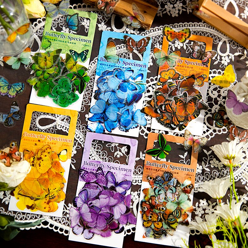 Card Lover 45 Pcs [Butterfly Shadow Specimen Series] Vintage Journal Stickers Waterproof Sticker Paper Scrapbooking Material Kit
