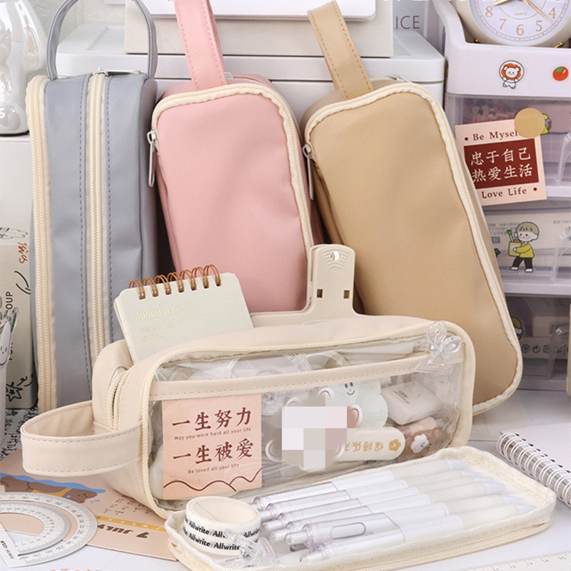 Ins Simplicity Pencil Case Multifunctional 2 Layer Pencil Bag Solid Color High Capacity Stationery Storage Bag Student Supplies