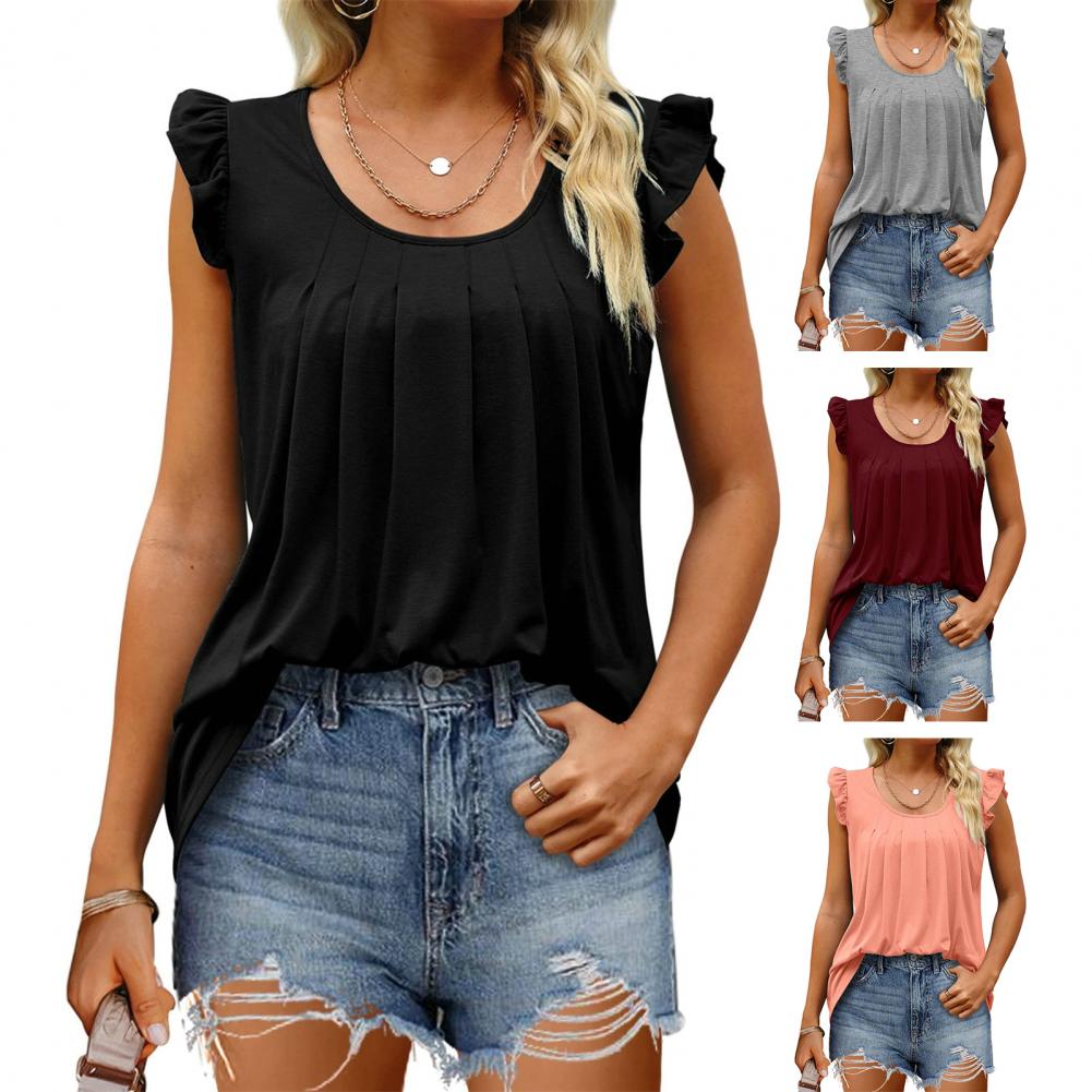 O-Neck Ruffle Trim Sleeveless Pleated Thin Women Vest Summer Solid Color Loose Fit Vest Top Daily Clothing Soft Lady Accessories