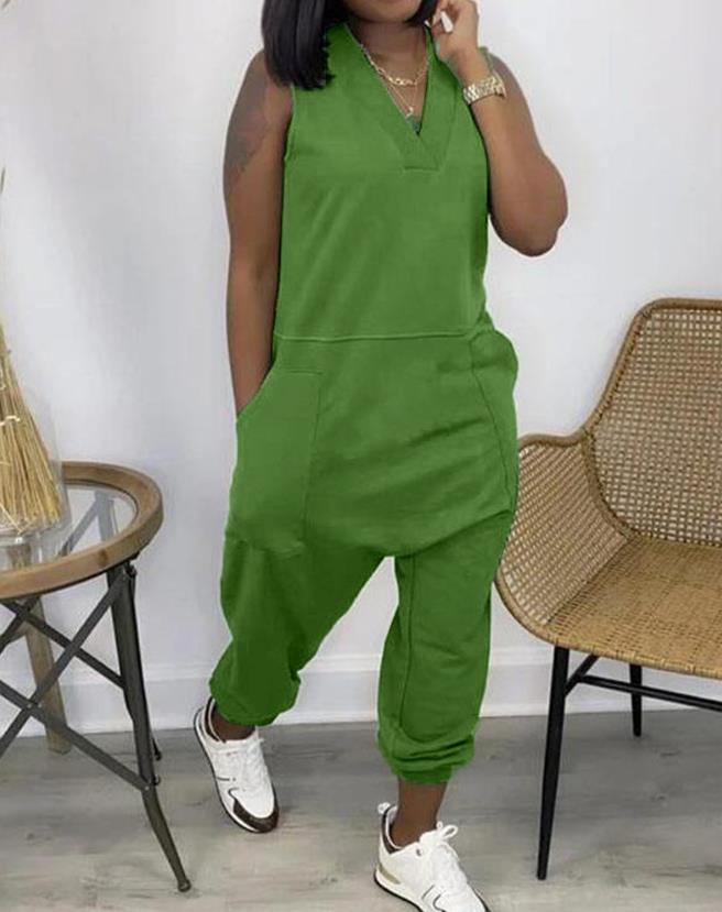 Women's Casual Sleeveless V-Neck Jumpsuit 2023 Summer European & American New In Fashion Pocket Design Jumpsuits