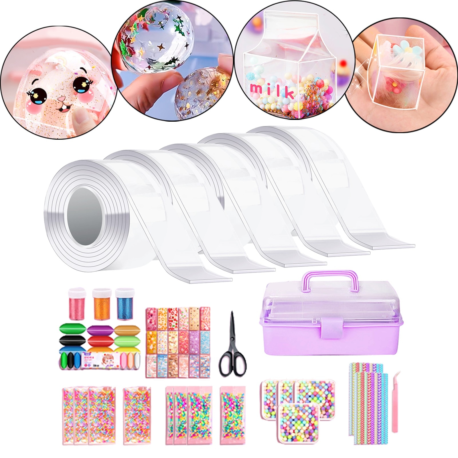 Nano Glitter Bubble Blowing Double Sided Tape Strong Sticky Tape for DIY Craft Pinch Toy Making Reusable Clear Sticky Ball Tape